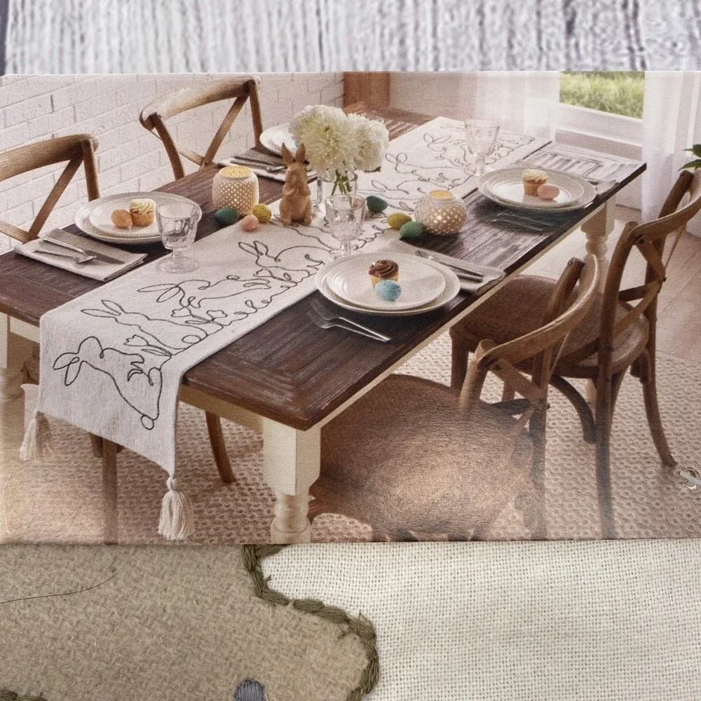 Rachel Ashwell Farmhouse Table Runner 14x72 Easter Bunny Spring Embroidered